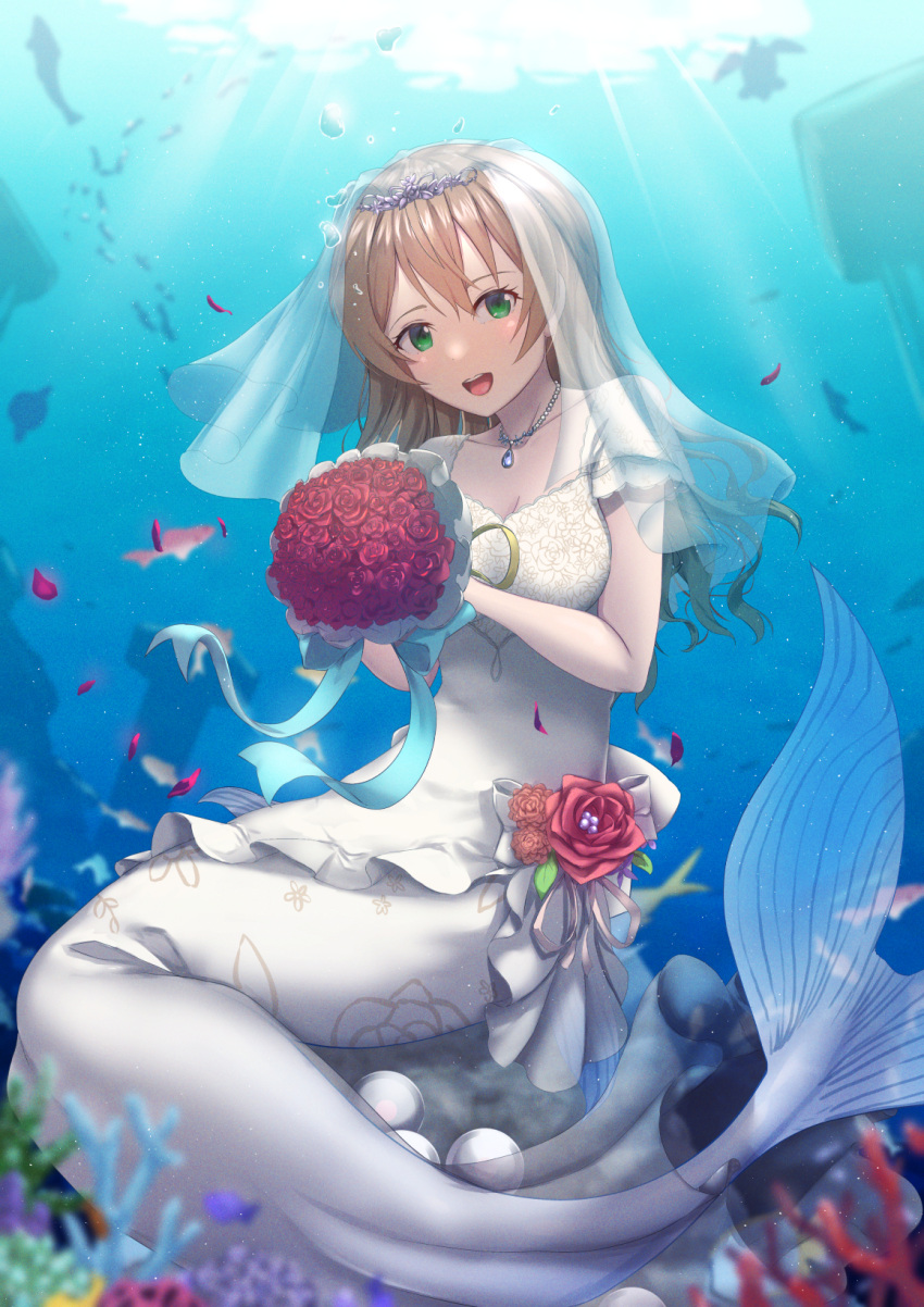 :d bouquet breasts bridal_veil brown_eyes cleavage commentary_request commission dress female flower green_eyes hair_between_eyes highres holding holding_bouquet idolmaster idolmaster_million_live! idolmaster_million_live!_theater_days long_hair looking_at_viewer mermaid monster_girl monsterification okina_(805197) open_mouth red_flower red_rose rose sakuramori_kaori short_sleeves skeb_commission small_breasts smile solo teeth underwater upper_teeth_only veil wedding_dress