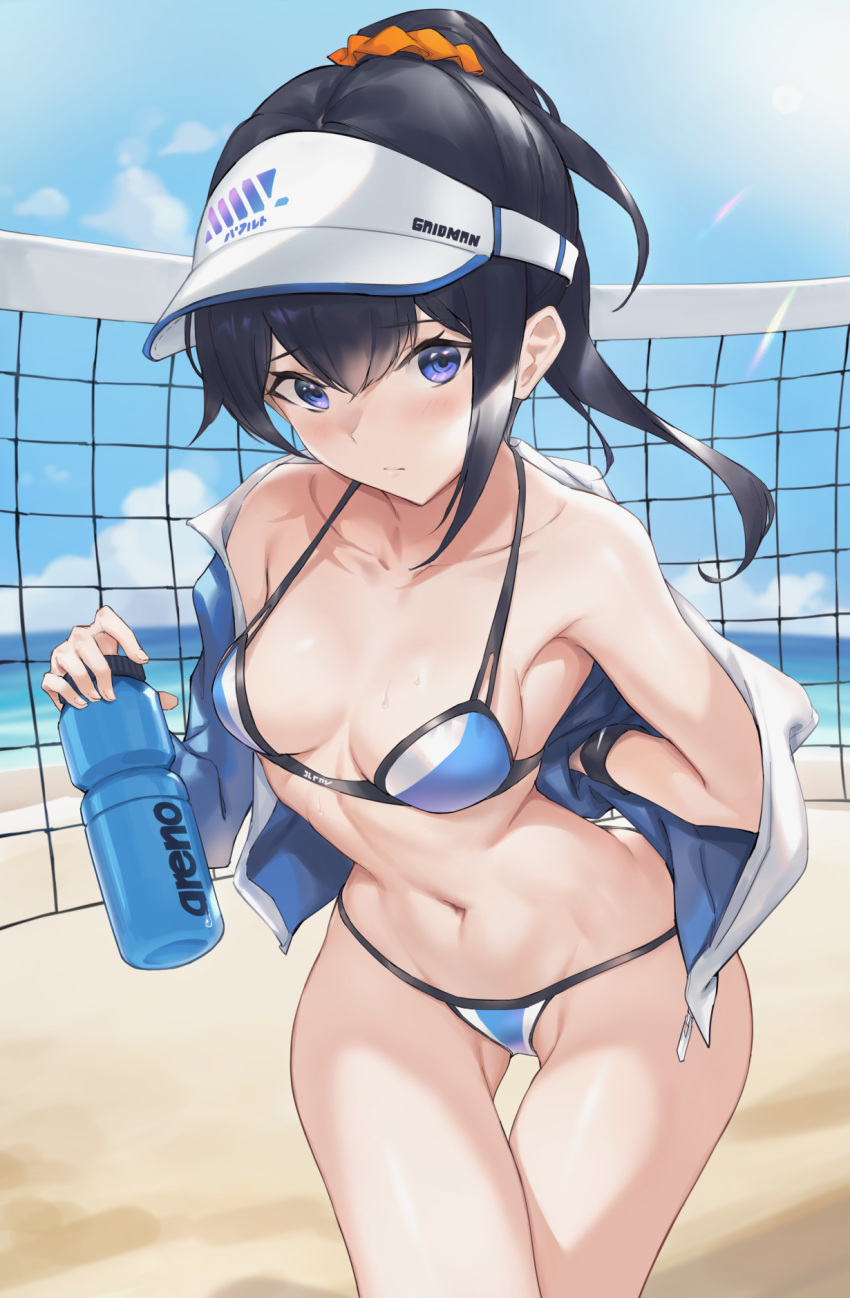 bare_shoulders beach bikini black_hair blue_bikini blue_eyes blue_sky blush bottle breasts cleavage collarbone commentary_request day female gridman_universe halterneck hat highres jacket long_hair long_sleeves looking_at_viewer medium_breasts navel off_shoulder open_clothes open_jacket outdoors parfaitlate partial_commentary ponytail sky solo ssss.gridman string_bikini swimsuit takarada_rikka thighs two-tone_bikini visor_cap volleyball_net water_bottle white_bikini white_hat