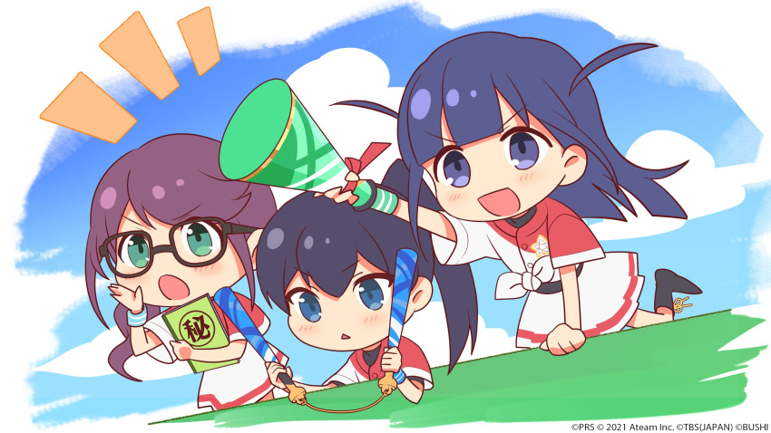 3girls :d absurdres alternate_hairstyle arm_support artist_request baseball_bat baseball_uniform black-framed_eyewear black_footwear black_hair blue_eyes blue_hair blunt_bangs blunt_ends blush boots buttons cheering chibi commentary_request day glasses green_eyes hand_up hands_up highres holding holding_baseball_bat holding_megaphone holding_notebook hoshimi_junna kagura_hikari leaning_forward leg_up long_hair looking_away low_ponytail megaphone miniskirt multiple_girls notebook notice_lines official_art open_mouth outdoors outstretched_arm parted_lips pleated_skirt ponytail purple_eyes purple_hair red_shirt shirt short_sleeves shoujo_kageki_revue_starlight shoujo_kageki_revue_starlight_-re_live- shouting shouting_with_hands side_ponytail single_stripe skirt smile sportswear standing standing_on_one_leg sweatband swept_bangs tied_shirt triangle_mouth tsuyuzaki_mahiru two-tone_shirt two_side_up undershirt v-shaped_eyebrows watermark white_background white_shirt white_skirt wristband