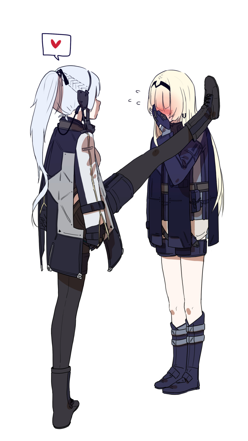 2girls absurdres ak-12_(girls'_frontline) an-94_(girls'_frontline) blonde_hair blue_hair blush commentary_request covering_own_mouth flying_sweatdrops foot_kabedon girls'_frontline heart highres huqu kabedon korean_commentary multiple_girls simple_background speech_bubble split spoken_heart standing standing_on_one_leg standing_split white_background yuri