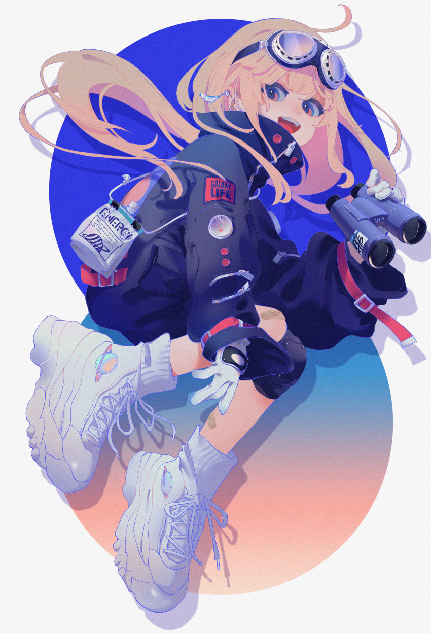 absurdres black_jacket blonde_hair female floating_hair full_body gloves goggles goggles_on_head highres jacket long_hair long_sleeves original ritao_kamo shadow shoes socks solo white_footwear white_gloves white_socks zipper zipper_pull_tab