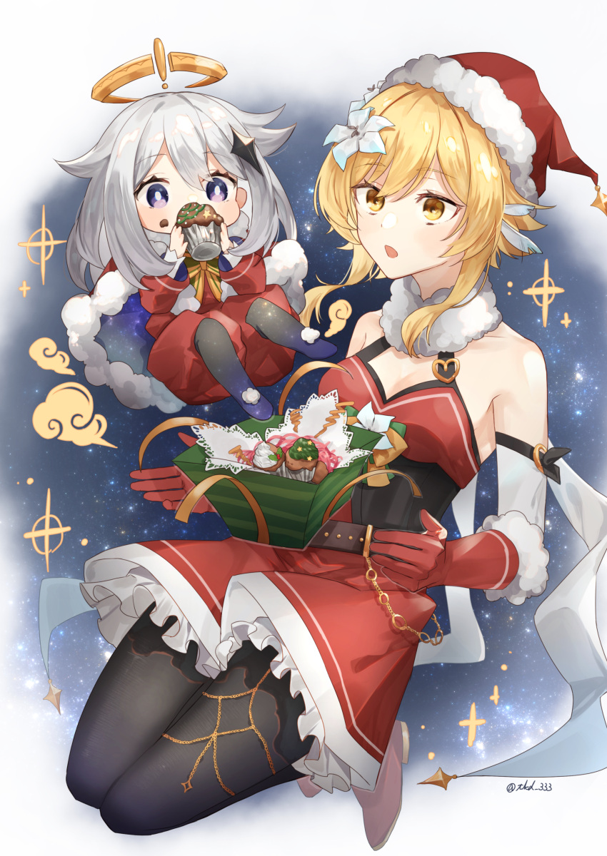 2girls absurdres alternate_costume aodake_(winter1517) black_legwear blonde_hair breasts cape christmas eating english_commentary flower food food_on_face fur_collar fur_trim genshin_impact gloves hair_flower hair_ornament halo hat highres holding holding_food lumine_(genshin_impact) medium_breasts multiple_girls paimon_(genshin_impact) pantyhose parted_lips pom_pom_(clothes) red_gloves romper santa_costume santa_hat short_hair_with_long_locks sparkle twitter_username white_flower white_hair yellow_eyes