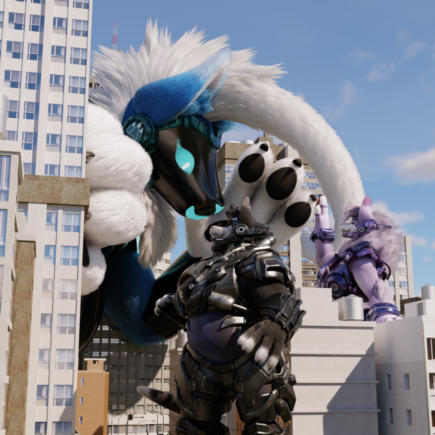 1:1 3d_(artwork) anthro apartment_building armor city cityscape clothing digital_media_(artwork) fangs female generation_7_pokemon group hair handpaw hi_res hybrid larger_female long_hair looking_at_another lycanroc macro male mamagen nintendo papagen paws pokemon pokemon_(species) pral_(the_tao_swordsman) protogen_visor shirt size_difference sky smaller_male smile syko_(mamagen) teeth the_tao_swordsman tk-tn1c topwear trio