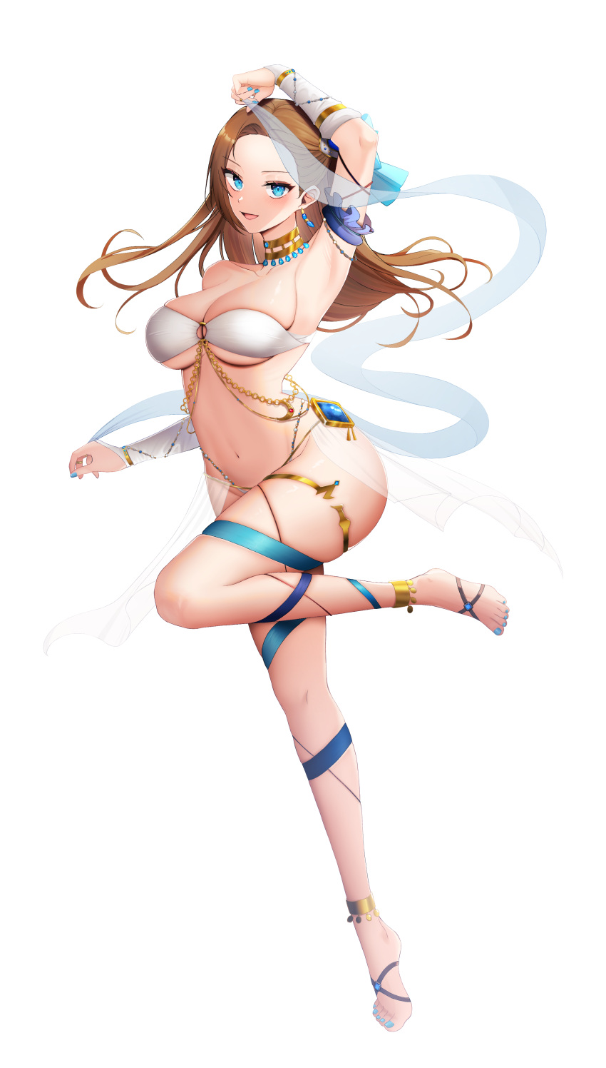 :d absurdres alternate_costume anklet arm_up armpits bare_shoulders barefoot belly_dancing blue_eyes blue_nails breasts brown_hair cleavage collarbone dancer earrings eyelashes feet female forehead full_body gem gold_choker gold_trim harem_outfit highres jewelry katarina_claes knee_up legs lethe_(lethe187) long_hair looking_at_viewer medium_breasts nail_polish navel o-ring o-ring_top open_mouth otome_game_no_hametsu_flag_shika_nai_akuyaku_reijou_ni_tensei_shite_shimatta revealing_clothes sash see-through simple_background smile solo standing standing_on_one_leg strapless tachi-e thigh_strap thighs toenail_polish toenails toes tube_top v-shaped_eyebrows white_background