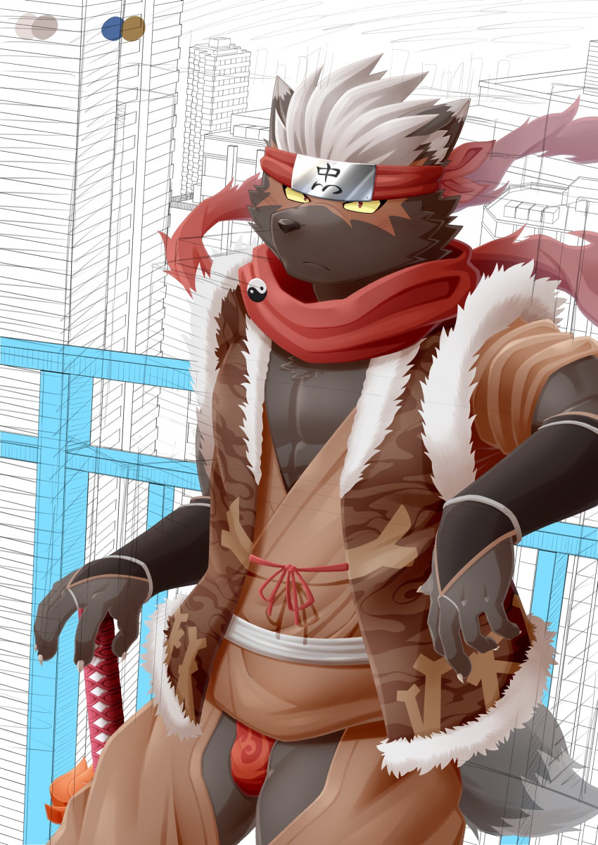 accessory anthro asian_clothing black_body black_fur bulge canid canine canis chaps clothing domestic_dog east_asian_clothing fundoshi fur hair headband hi_res homohomofever japanese_clothing lifewonders male mammal ninja open_crotch red_clothing red_fundoshi red_underwear scar scarf solo tadatomo_(tas) tokyo_afterschool_summoners underwear warrior white_hair