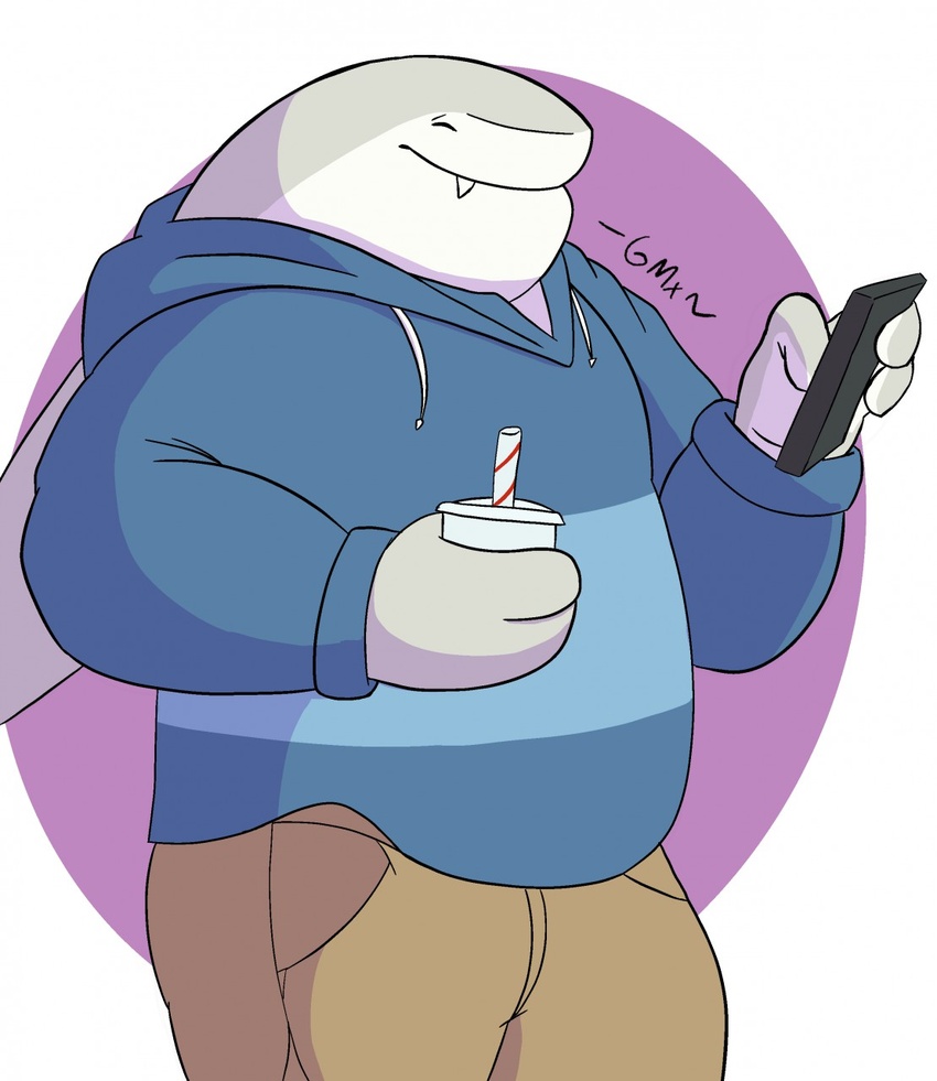 2019 3_fingers anthro bottomwear cellphone closed_eyes clothing container cup dc_comics digital_media_(artwork) electronics fin fingers fish gendomx grey_body grey_skin harley_quinn_(series) hi_res holding_object king_shark male marine multicolored_body multicolored_skin overweight overweight_anthro overweight_male pants phone shark simple_background smile solo standing straw_(disambiguation) sweater topwear two_tone_body two_tone_skin white_background