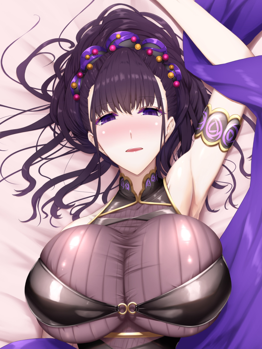 armlet bare_shoulders black_gloves black_one-piece_swimsuit breasts dakimakura_(medium) fate/grand_order fate_(series) female fingerless_gloves flower gloves gold_trim hair_flower hair_ornament hair_up half_gloves highres large_breasts long_hair looking_at_viewer murasaki_shikibu_(fate) murasaki_shikibu_(swimsuit_rider)_(fate) murasaki_shikibu_(swimsuit_rider)_(first_ascension)_(fate) one-piece_swimsuit open_mouth purple_eyes purple_hair shiroshisu solo swimsuit tied_hair