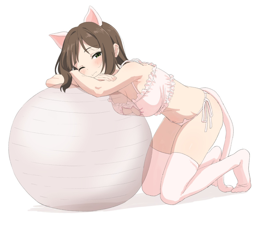 animal_ears ball bikini bra breasts brown_hair cat_cutout cat_ear_panties cat_ears cat_lingerie cleavage cleavage_cutout clothing_cutout exercise_ball fake_animal_ears fake_tail female frilled_bra frills full_body green_eyes highres idolmaster idolmaster_cinderella_girls leaning_on_ball lingerie looking_at_viewer maekawa_miku meme_attire one_eye_closed panties pink_bikini pink_thighhighs short_hair side-tie_panties simple_background sincos solo swimsuit tail thighhighs underwear white_background