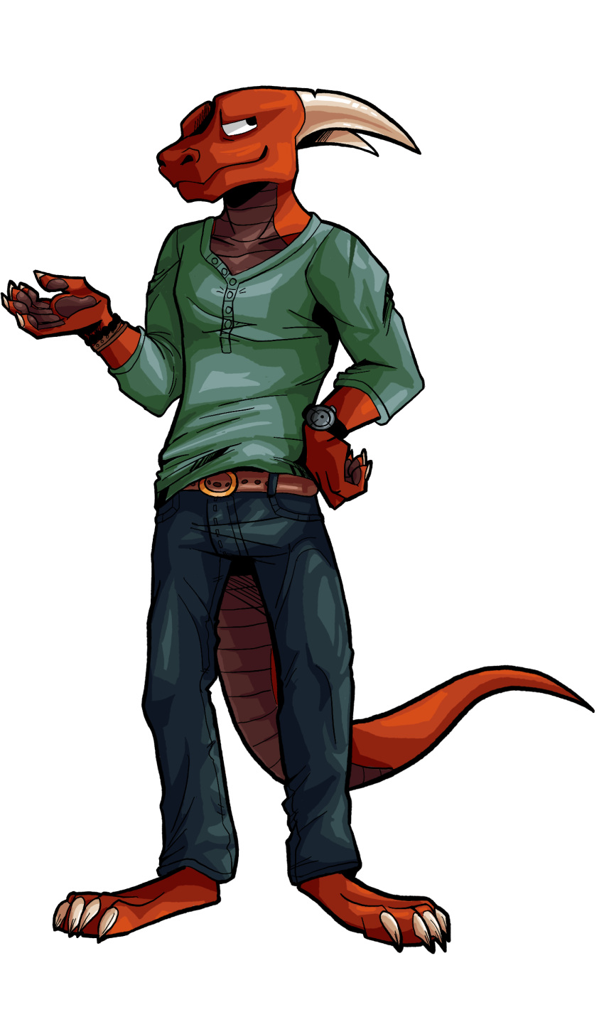 absurd_res anthro belt belt_buckle bottomwear bracelet buckle claws clock clothing dragon effarreturns european_mythology hand_on_hip hi_res horn jewelry male mythological_creature mythological_scalie mythology pants pawpads red_body scalie shirt simple_background solo tail topwear untucked_shirt watch western_dragon white_background xaldin