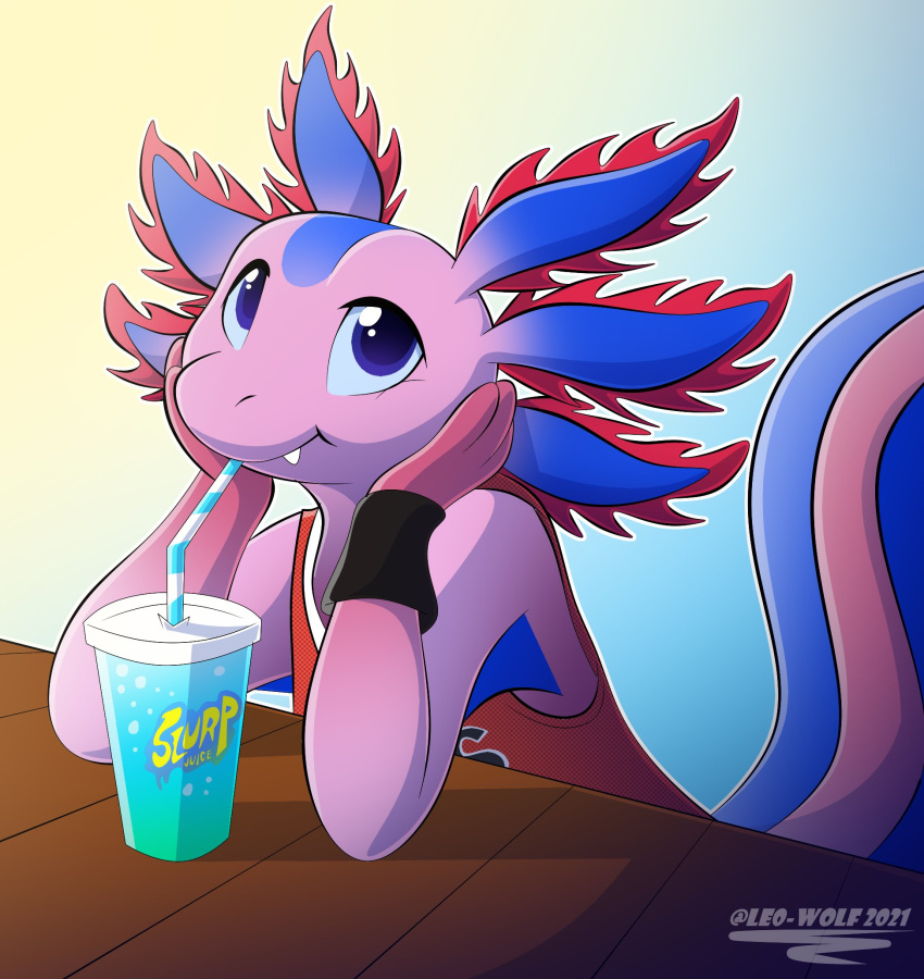 2021 amphibian anthro artist_name axo_(fortnite) axolotl blue_sclera clothed clothing cute_fangs digital_media_(artwork) drinking epic_games fortnite furniture hi_res leo-wolf looking_at_viewer male marine mole_salamander purple_body purple_eyes salamander signature simple_background solo table