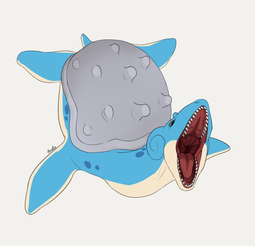 ambiguous_gender blue_body feral full-length_portrait generation_1_pokemon grey_shell hi_res lapras mouth_shot nintendo open_mouth pokemon pokemon_(species) portrait red_tongue roobin sharp_teeth shell signature simple_background simple_eyes solo tailbutt teeth tongue white_background yellow_body