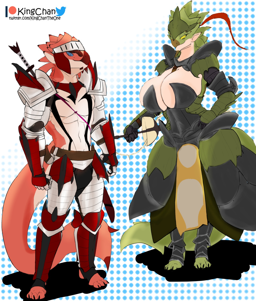 accessory anthro armor capcom clothed clothing dress duo female flying_wyvern green_body green_scales headband hi_res holding_object holding_weapon kingchan male monster_hunter rath_wyvern rathalos rathian red_body red_scales rhall scales text thiania url weapon