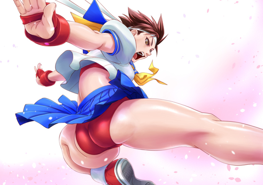 ass bad_id bad_pixiv_id blue_skirt breasts brown_eyes brown_hair buruma commentary_request female gloves gradient_background headband ikumo_taisuke kasugano_sakura kicking looking_at_viewer looking_away medium_breasts midriff open_mouth pleated_skirt puffy_sleeves red_buruma sailor_collar school_uniform serafuku shiny_skin shoes short_hair short_sleeves simple_background skirt sneakers socks solo street_fighter street_fighter_zero_(series) teeth thighs