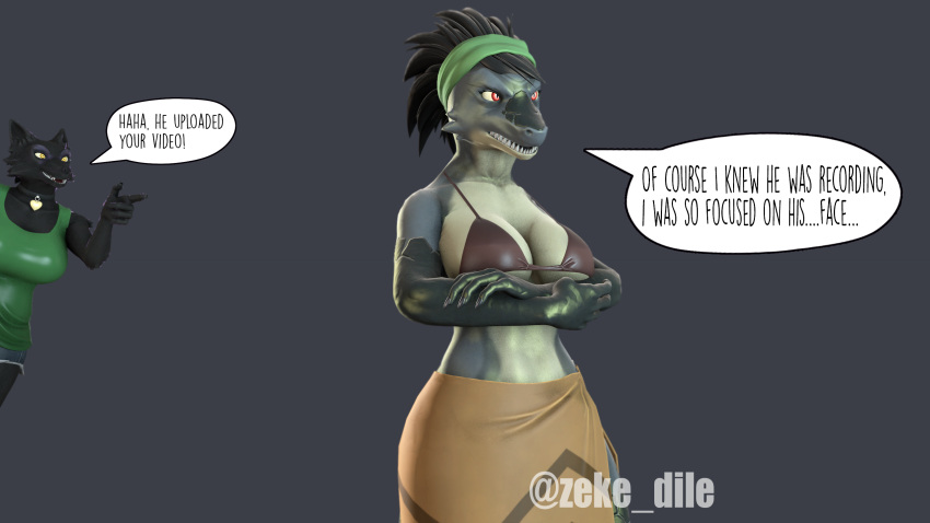 16:9 2023 3d_(artwork) anthro big_breasts black_body black_fur bottomwear bra breasts canid canine canis choker clothed clothing crossed_arms digital_media_(artwork) dragon dragon_(petruz) duo english_text female fur gesture green_clothing grey_body grey_scales grey_skin hair hand_gesture heart_symbol hi_res jewelry mammal mythological_creature mythological_scalie mythology nails necklace noreen_(zeke_dile) open_mouth petruz_(copyright) pointing pointing_at_another red_eyes scales scalie simple_background skirt smile source_filmmaker_(artwork) speech_bubble sugey_(zeke_dile) teeth text thick_thighs topwear underwear widescreen wolf wolf_(petruz) yellow_eyes zeke_dile