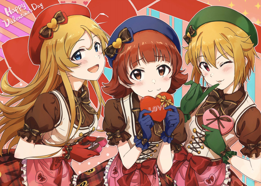 3girls 3little_candy_(idolmaster) :3 ;) apron ayano_yuu_(sonma_1426) beret black_bow black_bowtie black_shirt blue_eyes blue_gloves blue_headwear bow bowtie box brown_eyes brown_hair collared_shirt commentary english_text finger_to_mouth frilled_apron frilled_sleeves frills gift gloves green_gloves green_headwear happy_valentine hat hat_bow hat_ornament heart heart-shaped_box heart_hat_ornament highres holding holding_gift ibuki_tsubasa idol idolmaster idolmaster_million_live! idolmaster_million_live!_theater_days leaning_forward long_hair looking_at_viewer medium_hair multiple_girls nonohara_akane one_eye_closed open_mouth parted_lips pink_apron plaid plaid_skirt red_bow red_eyes red_gloves red_headwear red_skirt shinomiya_karen shirt short_hair short_sleeves side-by-side skirt smile standing valentine waist_apron