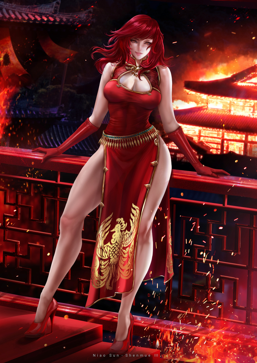 absurdres architecture bare_shoulders belly_chain breasts brooch burning character_name china_dress chinese_clothes cleavage cleavage_cutout clothing_cutout collared_dress commission commissioner_upload copyright_name dress east_asian_architecture embers eyelashes female fiery_background fire full_body gloves gold_trim high_heels highres javier_estrada jewelry large_breasts leaning_on_object lips lipstick long_hair looking_at_viewer makeup niao_sun non-web_source outdoors outstretched_arms pelvic_curtain railing red_dress red_footwear red_gloves red_hair see-through see-through_dress shenmue shenmue_iii side_slit smirk solo stairs standing thighs tight_clothes tight_dress yellow_eyes