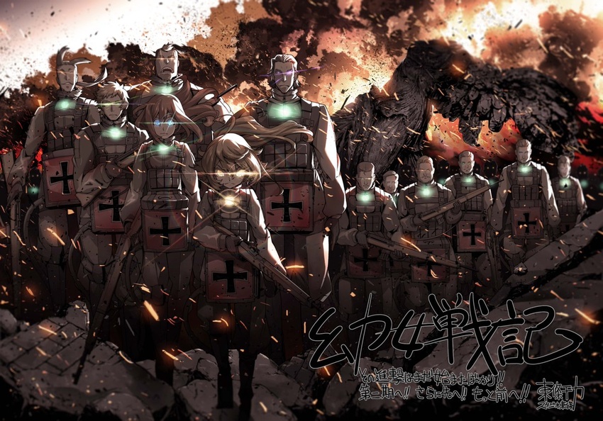 2girls 6+boys blonde_hair broken_statue brown_hair celebration commentary_request cross gloves glowing glowing_eyes gun hair_flowing_over iron_cross long_hair matheus_johann_weiss military military_uniform multiple_boys multiple_girls official_art rhiner_neumann rifle short_hair tanya_degurechaff toujou_chika translated uniform viktoriya_ivanovna_serebryakov war warren_grantz weapon wilibald_koenig youjo_senki