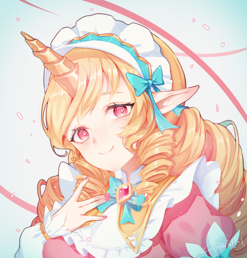 absurdres blonde_hair bow bowtie cafe_cuties_(league_of_legends) cafe_cuties_soraka diamond-shaped_brooch drill_hair female gllmj green_bow green_bowtie grey_background hairbow highres horns league_of_legends long_hair long_sleeves looking_at_viewer maid maid_headdress pink_background pink_eyes simple_background single_horn smile solo soraka_(league_of_legends) twin_drills