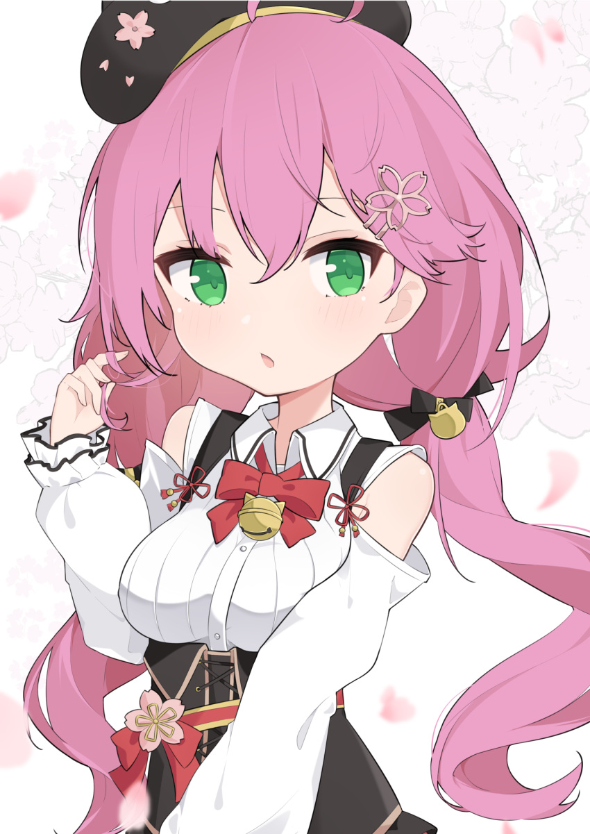 :o ahoge bad_id bad_pixiv_id bell beret blush bow bowtie breasts clothing_cutout cp2980606 female floral_background green_eyes hair_ornament hat highres hololive jingle_bell long_hair long_sleeves looking_at_viewer low_twintails medium_breasts official_alternate_costume petals pink_hair red_bow sakura_miko sakura_miko_(casual) shoulder_cutout solo twintails twirling_hair upper_body virtual_youtuber