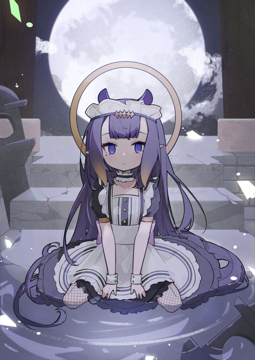 alternate_costume blunt_bangs cp2980606 crying crying_with_eyes_open enmaided female fishnet_legwear fishnets flat_chest full_moon gradient_hair halo headpiece highres hololive hololive_english long_hair looking_at_viewer maid maid_headdress mole mole_under_eye moon multicolored_hair ninomae_ina'nis orange_hair petals pointy_ears purple_eyes purple_hair sidelocks sitting solo tears tentacle_hair very_long_hair virtual_youtuber wariza water wrist_cuffs