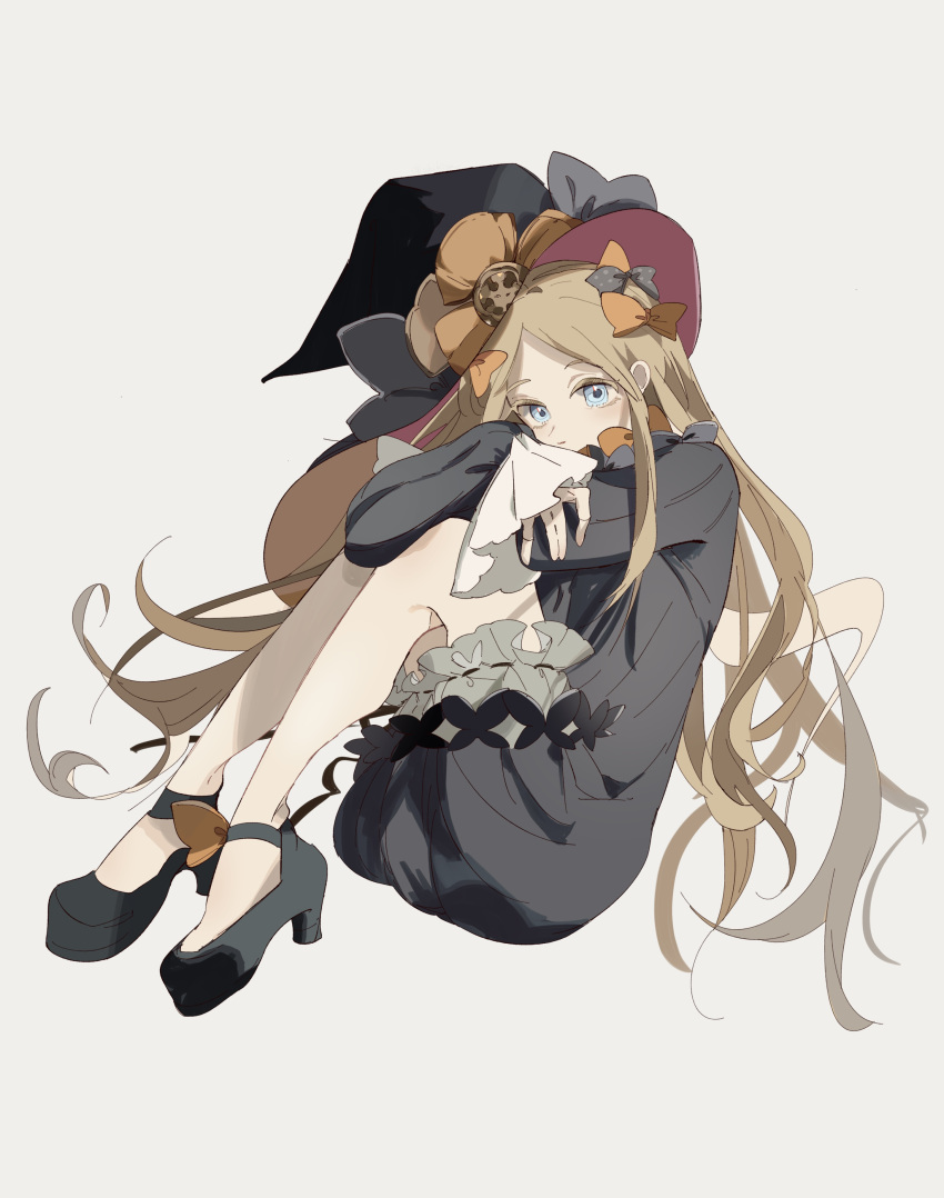 abigail_williams_(fate) absurdres bad_id bad_pixiv_id black_bow black_dress black_footwear black_hat blonde_hair blue_eyes bow commentary dress english_commentary fate/grand_order fate_(series) female frilled_dress frills full_body hairbow hat high_heels highres knees_up long_hair looking_at_viewer multiple_hair_bows note_nii orange_bow parted_bangs polka_dot polka_dot_bow simple_background sitting sleeves_past_wrists solo very_long_hair witch_hat