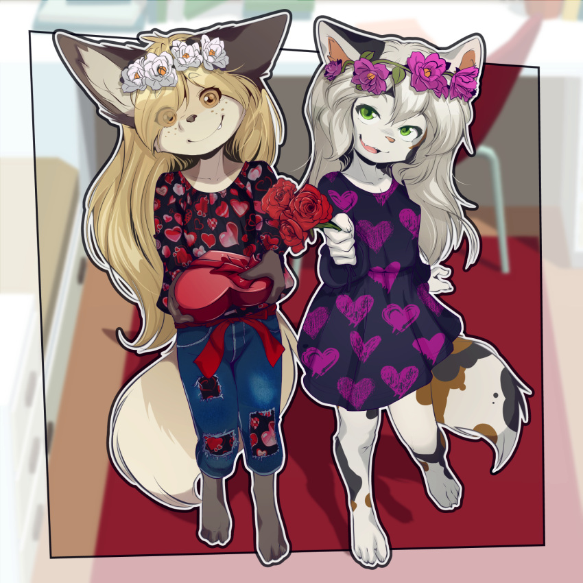 1:1 2023 5_fingers anthro canid canine clothed clothing digital_media_(artwork) domestic_cat felid feline felis female femboy fennec_fox fingers flower fox green_eyes hair hi_res kasey_cedar long_hair looking_at_viewer male mammal plant rose_(flower) selene_blackcat sicmop true_fox young