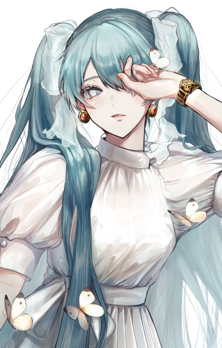 absurdres aqua_eyes aqua_hair blush bow breasts bug butterfly butterfly_on_hand commentary covering_one_eye dress earrings female hair_between_eyes hair_ornament hairbow hand_up hatsune_miku highres jewelry long_hair looking_at_viewer parted_lips pipi short_sleeves simple_background small_breasts solo transparent_bow twintails upper_body vocaloid watch white_background white_dress