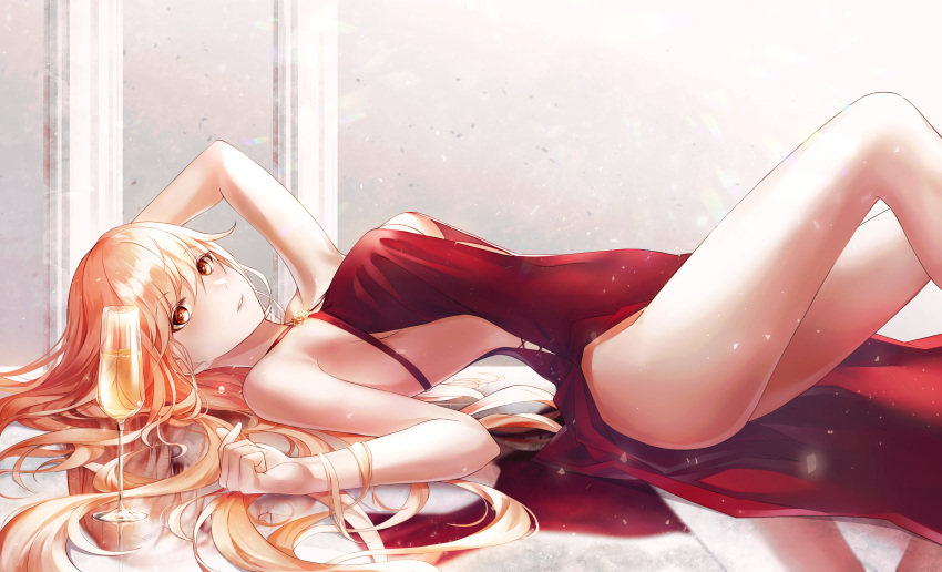 absurdres alcohol arm_up bare_legs bare_shoulders blonde_hair breasts cleavage cup dress drinking_glass female from_side girls'_frontline highres long_hair looking_at_viewer lying medium_breasts official_alternate_costume on_back ots-14_(girls'_frontline) ots-14_(ruler_of_the_banquet)_(girls'_frontline) prothymos red_dress wine_glass yellow_eyes