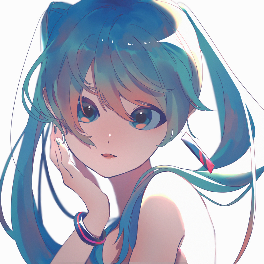 absurdres aqua_eyes aqua_hair bracelet commentary earrings female gradient_hair hand_on_own_cheek hand_on_own_face hand_up hatsune_miku highres jewelry looking_at_viewer multicolored_hair parted_lips pink_hair ritao_kamo simple_background solo twintails vocaloid white_background