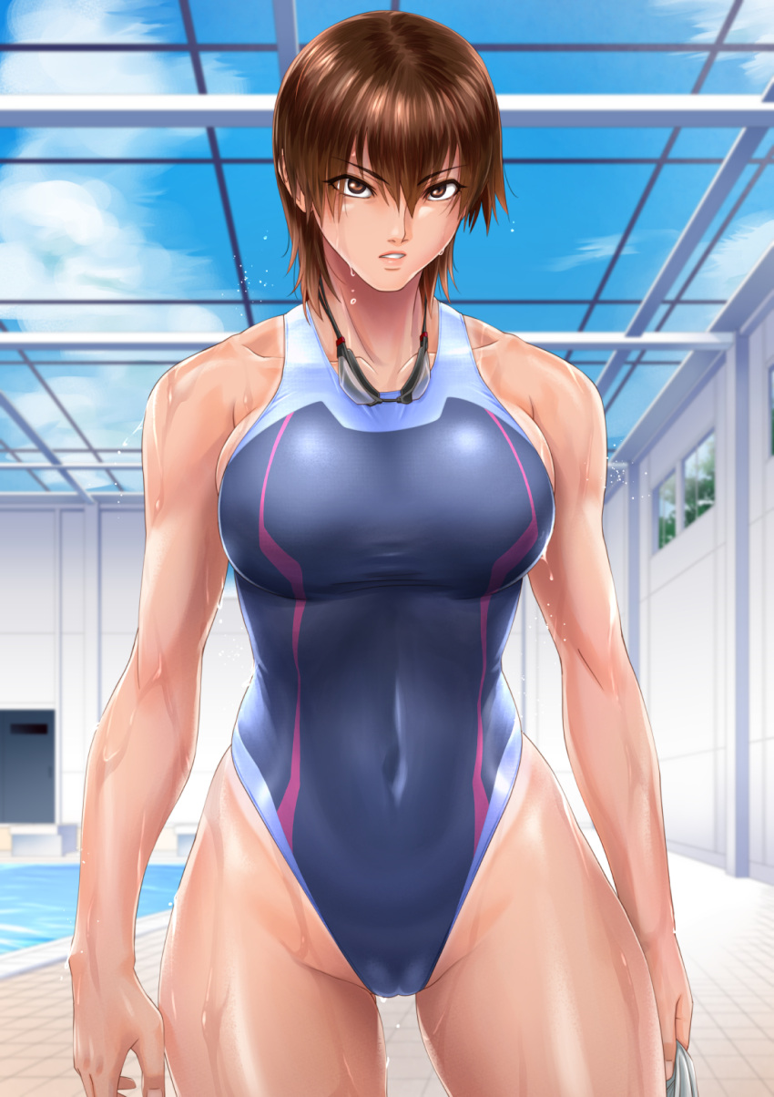 bad_id bad_pixiv_id bare_shoulders blue_sky breasts brown_eyes brown_hair cloud cloudy_sky collarbone commentary_request competition_swimsuit covered_navel day female goggles goggles_around_neck highleg highres holding ikumo_taisuke indoors lips looking_at_viewer medium_breasts one-piece_swimsuit original parted_lips pool shiny_skin short_hair simple_background sky solo swimsuit tan tanlines thighs tomboy water water_drop wet