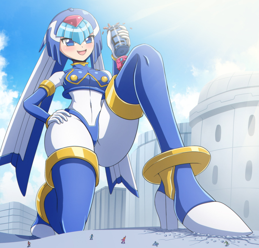 2boys 4girls android arm_up back black_hair blonde_hair blue_eyes blue_sky blurry blush boots breasts brown_hair building car city clothes cloud cloudy_sky container crop_top crushed day destruction energy_tank fairy_leviathan_(mega_man) full_body giant giantess gloves grabbing grabbing_own_thigh hat helmet highres holding jenny_secret kneeling legs looking_at_viewer mega_man_(series) mega_man_x_(series) mega_man_x_dive mega_man_zero_(series) motor_vehicle multiple_boys multiple_girls on_one_knee open_mouth outdoors pants robot robot_girl size_difference skirt sky smile sunlight thigh_boots thighhighs white_gloves