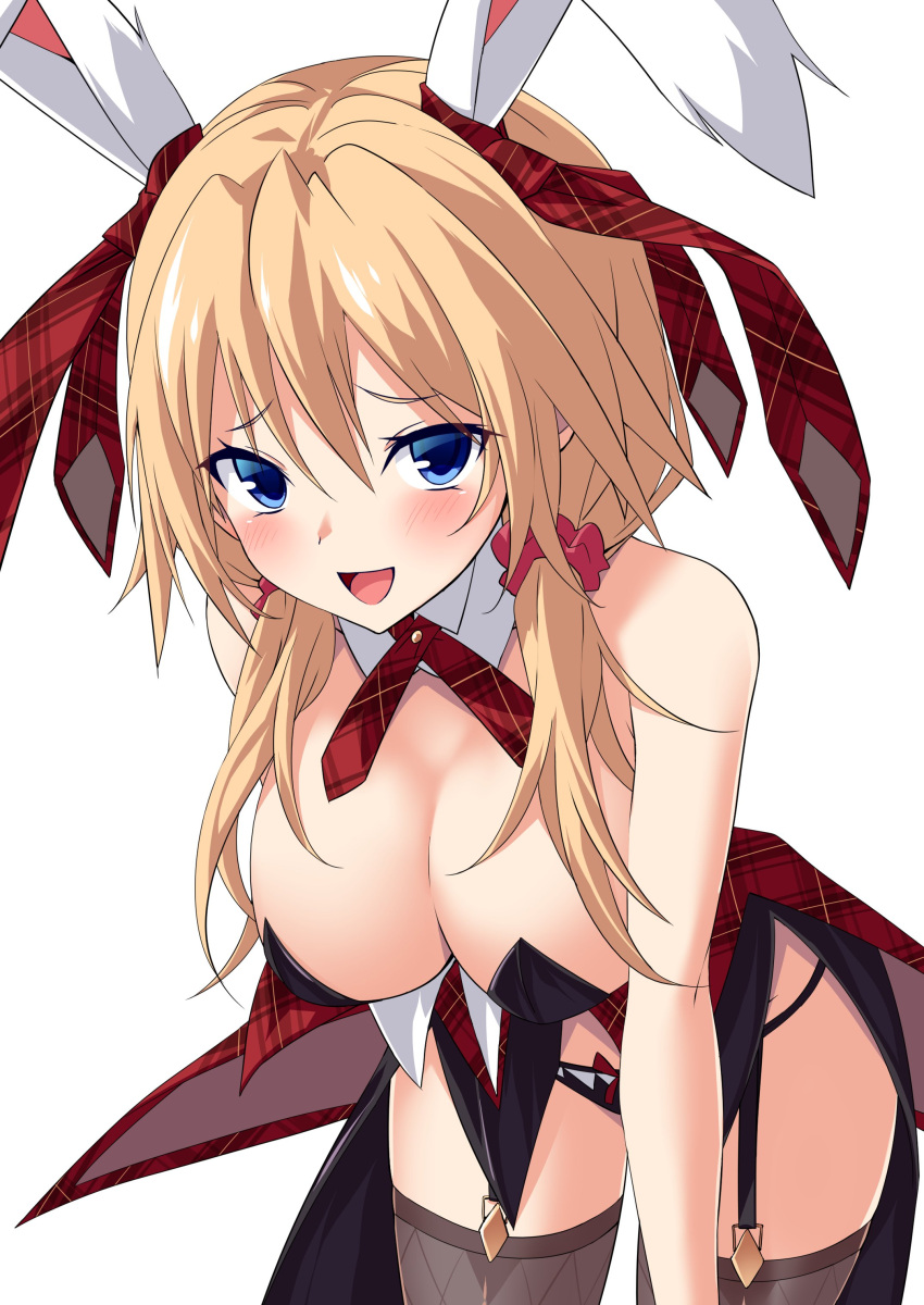 :d absurdres animal_ears black_leotard black_panties blonde_hair blue_eyes blush breasts brown_thighhighs bunny_day cleavage commentary convenient_arm cowboy_shot detached_collar female hair_between_eyes hair_ornament hair_ribbon hair_scrunchie hanging_breasts hapymaher highres large_breasts leaning_forward leotard long_hair looking_at_viewer low_twintails naughty_face neck_ribbon nontraditional_playboy_bunny open_mouth panties pink_scrunchie plaid_ribbon presenting_breasts rabbit_ears rabbit_girl red_ribbon ribbon scrunchie seductive_smile simple_background smile solo standing strapless strapless_leotard thighhighs thighs twintails ugume underwear upturned_eyes white_background yayoi_b_lutwidge