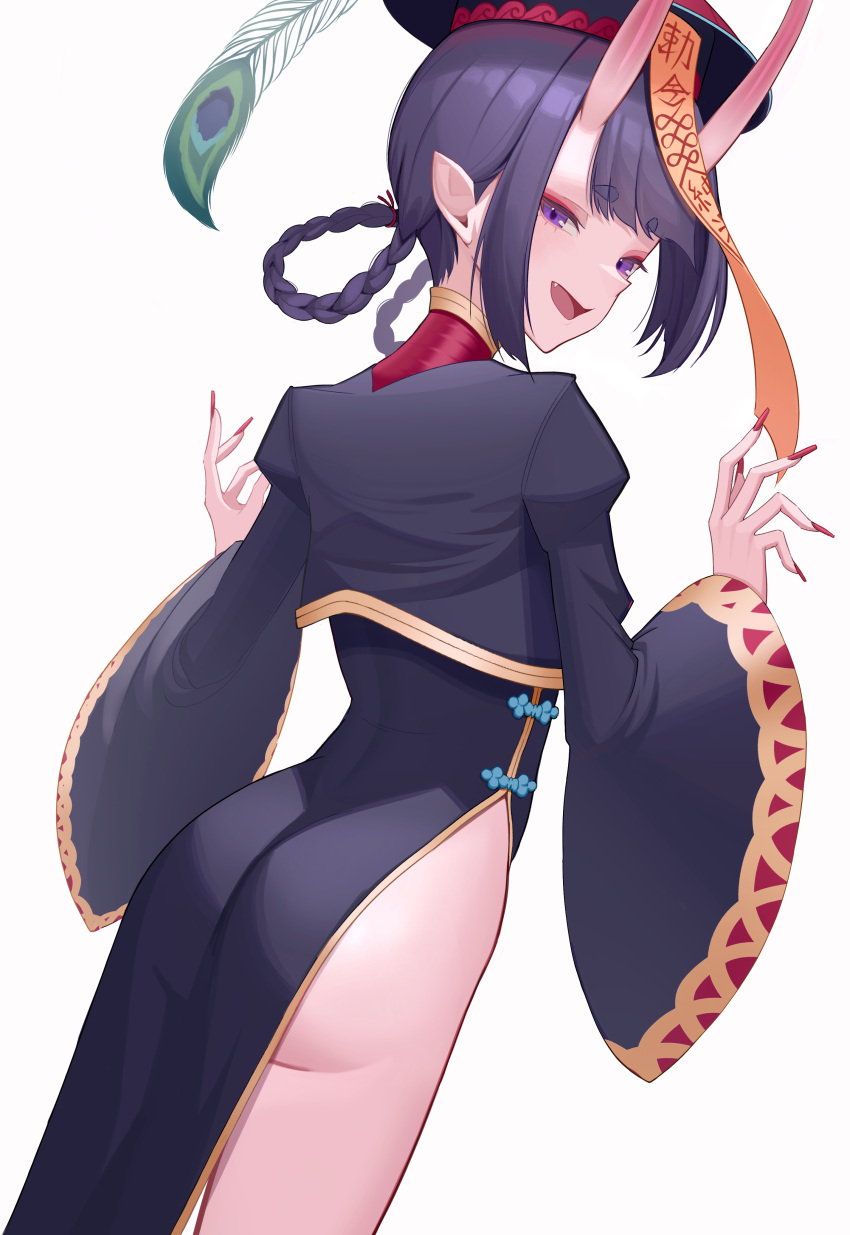 absurdres ass braided_hair_rings chinese_clothes dress eyeliner fate/grand_order fate_(series) female fingernails gamangajo hat highres horns jiangshi_costume long_fingernails looking_at_viewer looking_back makeup oerba_yun_fang ofuda oni open_mouth peacock_feathers pointy_ears purple_eyes purple_hair qingdai_guanmao shuten_douji_(fate) shuten_douji_(festival_outfit)_(fate) side_slit simple_background skin-covered_horns smile solo white_background wide_sleeves