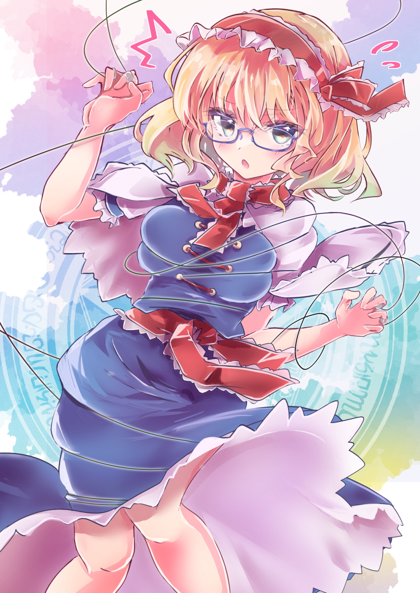 absurdres alice_margatroid bespectacled blonde_hair blue-framed_eyewear blue_dress blue_eyes blush breasts capelet commission dress female frilled_hairband frills glasses hairband highres jewelry knees_together_feet_apart legs looking_at_viewer magic_circle medium_breasts medium_hair meguri_uguisu open_mouth puppet_rings puppet_strings red_hairband ring semi-rimless_eyewear skeb_commission teeth touhou under-rim_eyewear upper_teeth_only white_capelet