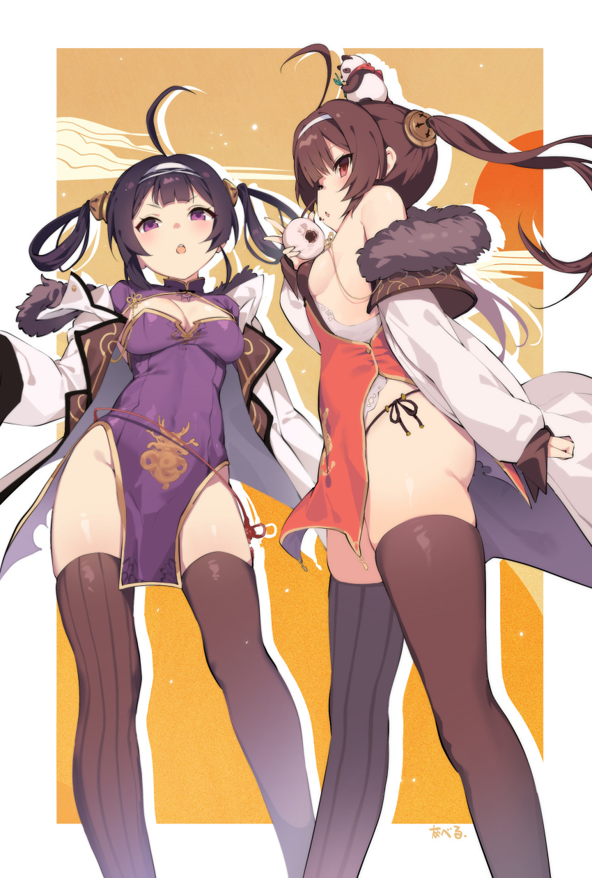 2girls absurdres ahoge animal animal_on_head azur_lane baozi bare_shoulders black_hair breasts brown_hair brown_thighhighs china_dress chinese_clothes cleavage commentary_request dress food fur-trimmed_jacket fur_trim hair_ribbon hairband highres holding holding_food jacket large_breasts long_hair looking_at_viewer multiple_girls ning_hai_(azur_lane) on_head open_clothes open_jacket open_mouth panda panties pelvic_curtain ping_hai_(azur_lane) purple_dress red_dress red_eyes ribbon side-tie_panties sideboob signature small_breasts thighhighs underwear white_jacket youguo_naberu