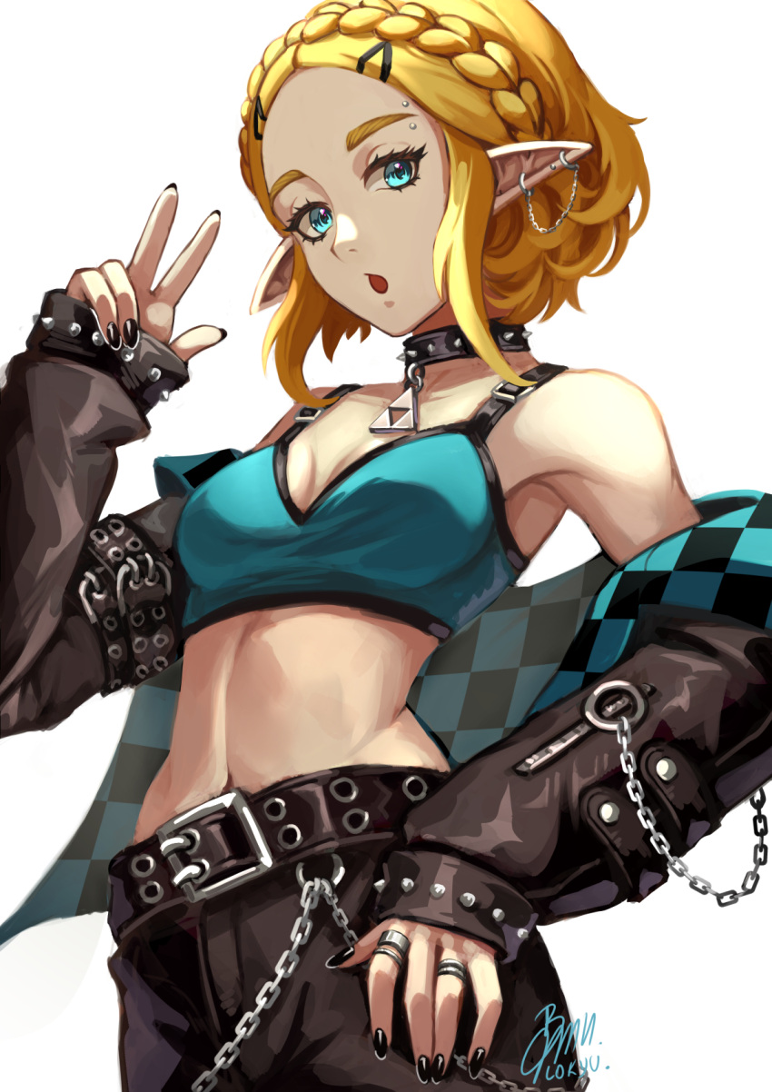 aqua_bra aqua_eyes armpit_crease bare_shoulders belt black_belt black_jacket black_nails black_pants bra braid breasts chains checkered_clothes checkered_jacket collar commentary cowboy_shot crown_braid earrings female hair_ornament hairclip hand_on_own_hip hand_up highres jacket jewelry lo_kyu looking_at_viewer midriff navel off_shoulder open_mouth pants pointy_ears princess_zelda ring short_hair sidelocks signature simple_background small_breasts solo spiked_collar spikes standing stomach the_legend_of_zelda the_legend_of_zelda:_tears_of_the_kingdom triforce underwear w white_background