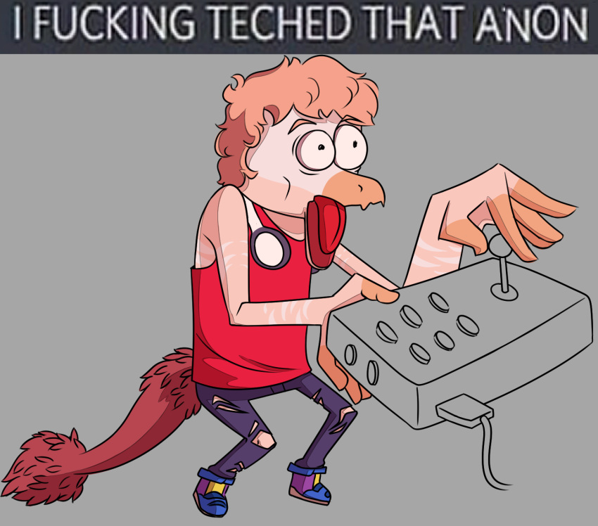 5_fingers anthro arcade_stick cavemanon_studios clothed clothing dinosaur dromaeosaurid feathered_dinosaur feathered_scalie feathers fingers goodbye_volcano_high hair hi_res humanoid male meme meme_pose nickylag orange_hair pink_body prehistoric_species reed_(gvh) reptile scalie snoot_game solo striped_body stripes suprised_eyes suprised_look theropod velociraptor