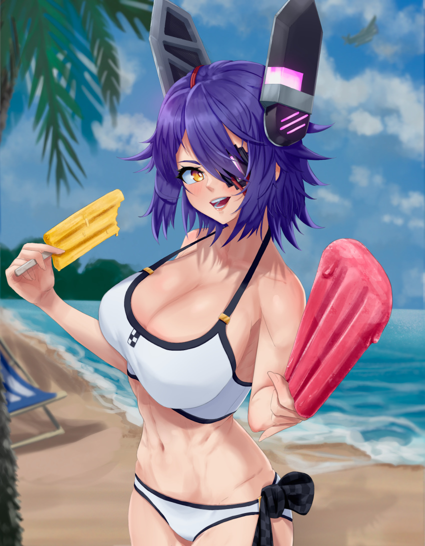 absurdres beach bikini blue_sky blush breasts checkered_necktie cleavage cloud collarbone day eyepatch female food headgear highres holding holding_food holding_popsicle horizon kantai_collection large_breasts looking_at_viewer navel necktie ocean official_alternate_costume open_mouth outdoors popsicle purple_hair sand short_hair sky smile solo swimsuit taut_bikini tenryuu_(kancolle) tenryuu_(swimsuit_mode)_(kancolle) timq unworn_necktie water white_bikini yellow_eyes