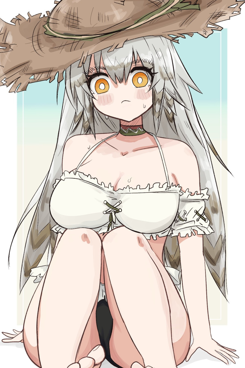 arknights bare_legs bare_shoulders barefoot bikini bird_girl blush_stickers breasts choker cleavage collarbone detached_sleeves fartooth_(arknights) feather_hair feet_out_of_frame female gradient_background hair_between_eyes hat highres large_breasts long_hair looking_at_viewer orange_eyes roika short_sleeves sitting straw_hat sweatdrop swimsuit thighs white_bikini