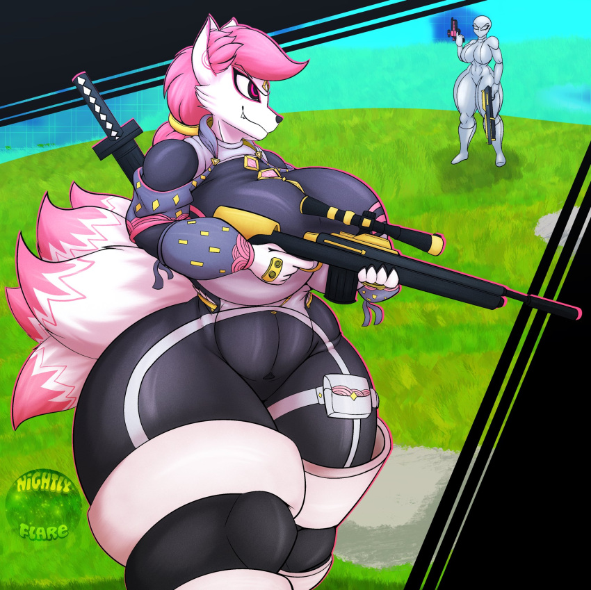 anthro big_breasts black_bodysuit black_clothing black_skinsuit bodysuit breasts canid canine clothing dipstick_tail duo epic_games female fortnite fox fur gun hair handgun hi_res huge_breasts huge_thighs human hyper hyper_thighs kimiko_five-tails mammal markings melee_weapon multicolored_body multicolored_fur nightlyflare pink_body pink_eyes pink_fur pink_hair pistol ranged_weapon rifle shotgun skinsuit sniper_rifle sword tail tail_markings thick_thighs tight_clothing weapon white_body white_bodysuit white_clothing white_fur white_skinsuit