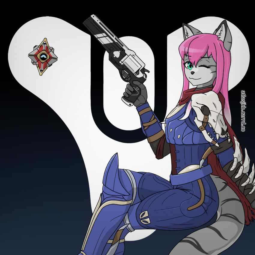 :3 absurd_res anthro anya_(atlas_jkb) armor atlas_jkb blue_clothing bone breastplate cloak clothing destiny_2 domestic_cat duo felid feline felis female fur ghost_(destiny) green_eyes grey_body grey_fur gun hair handgun hi_res holding_object holding_weapon knife leaning leaning_backward mammal one_eye_closed pink_hair pistol ranged_weapon red_clothing scarf simple_background sitting skull straps striped_body stripes tabby_cat watermark weapon wink