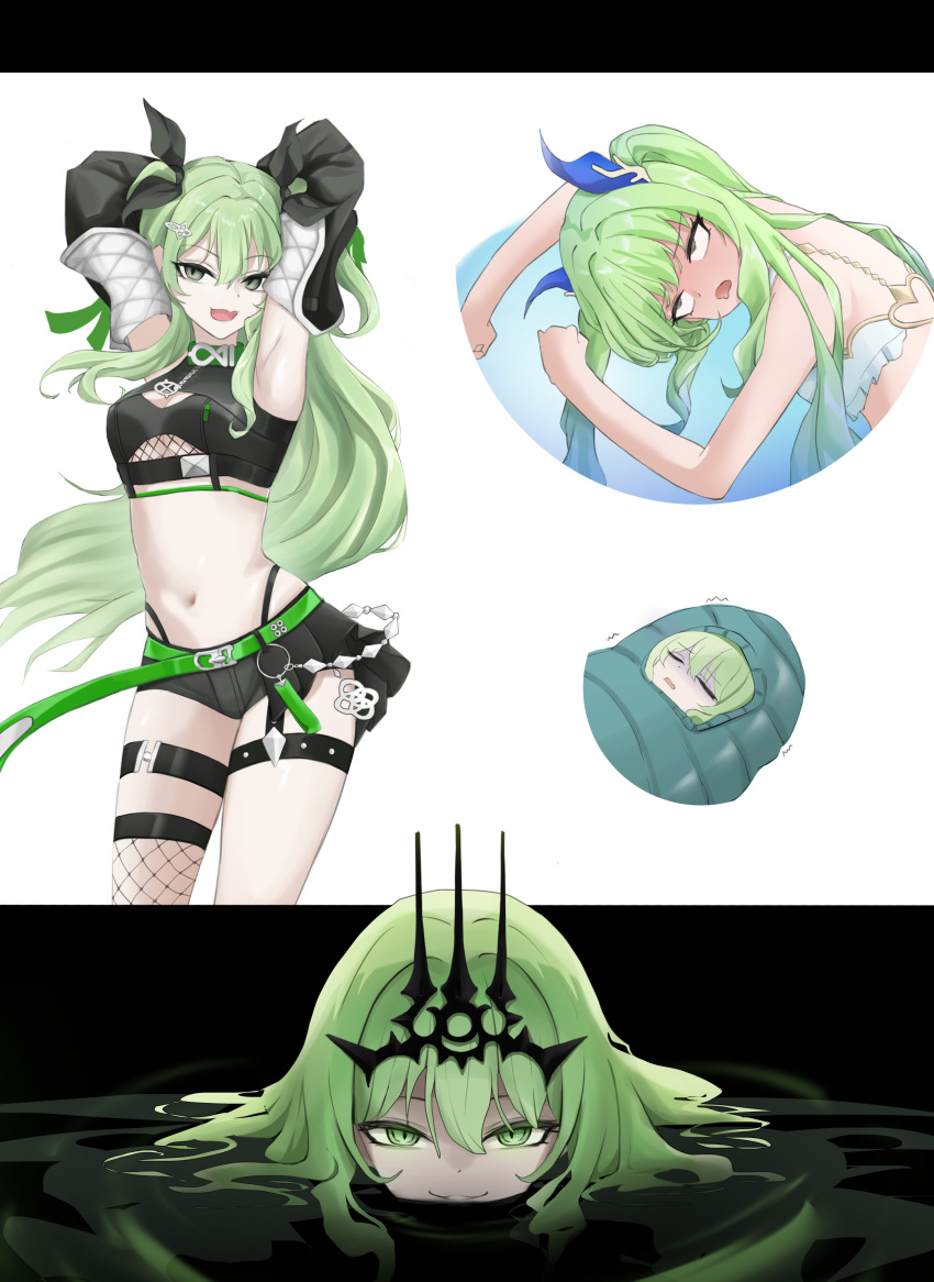 absurdres armpits black_ribbon black_shorts black_tiara breasts cleavage cleavage_cutout clothing_cutout crop_top detached_sleeves fake_horns female fishnet_cutout fishnet_thighhighs fishnets green_hair hair_between_eyes hair_ribbon highres holding_floatie honkai_(series) honkai_impact_3rd horns long_hair looking_at_viewer mobius_(daughter_of_corals)_(honkai_impact) mobius_(honkai_impact) mobius_(razer)_(honkai_impact) multiple_views navel o_ercast open_mouth partially_submerged ribbon short_shorts shorts sleeping_bag slit_pupils small_breasts smile stomach thigh_strap thighhighs tiara twintails underboob_cutout white_background