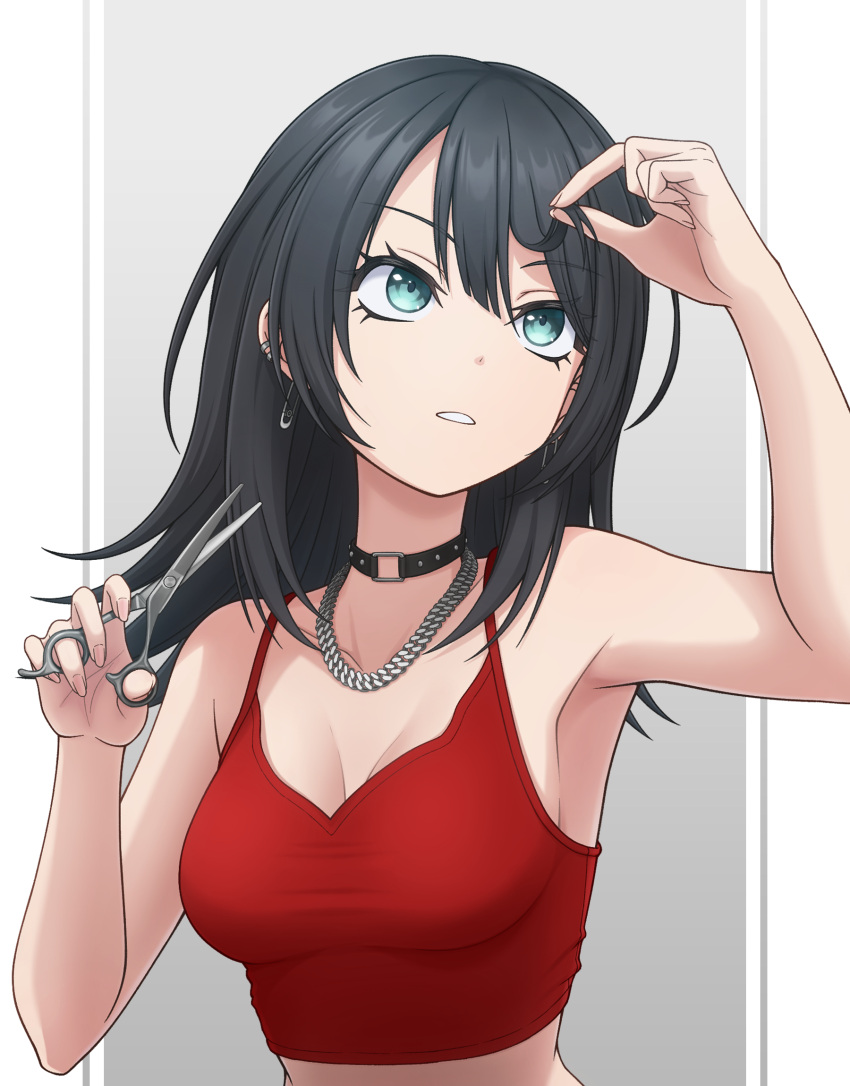 bang_dream! bang_dream!_it's_mygo!!!!! black_choker black_hair blue_eyes breasts camisole choker cleavage collarbone commentary_request cutting_hair cutting_own_hair ear_piercing earrings female hair_between_eyes hand_in_own_hair highres holding holding_own_hair holding_scissors jewelry long_hair medium_breasts necklace parted_lips piercing red_camisole revision scissors solo temple_o_dragon upper_body yahata_umiri