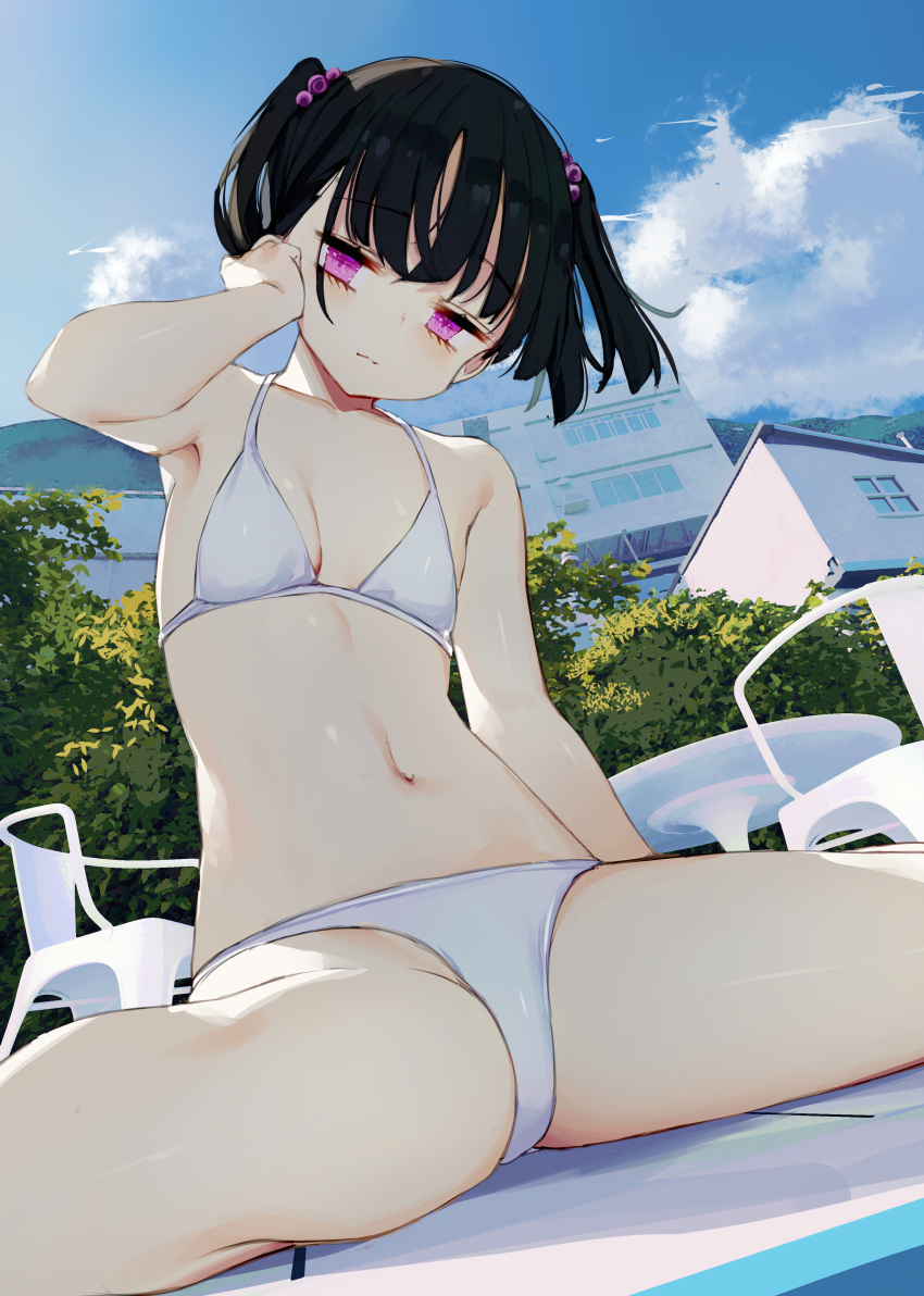 absurdres bare_legs_girl_(kamizaki_hibana) bikini black_hair blush breasts cleavage closed_mouth cloud cloudy_sky collarbone female from_below highres kamizaki_hibana light_frown looking_at_viewer navel original outdoors pink_eyes pool short_hair short_twintails sky small_breasts solo spread_legs swimsuit twintails white_bikini