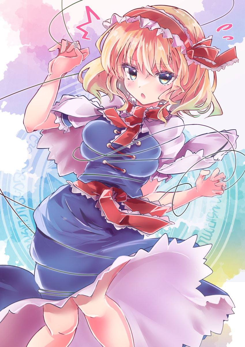 absurdres alice_margatroid blonde_hair blue_dress blue_eyes blush breasts capelet commission dress female frilled_hairband frills hairband highres jewelry knees_together_feet_apart legs looking_at_viewer magic_circle medium_breasts medium_hair meguri_uguisu open_mouth puppet_rings puppet_strings red_hairband ring skeb_commission teeth touhou upper_teeth_only white_capelet