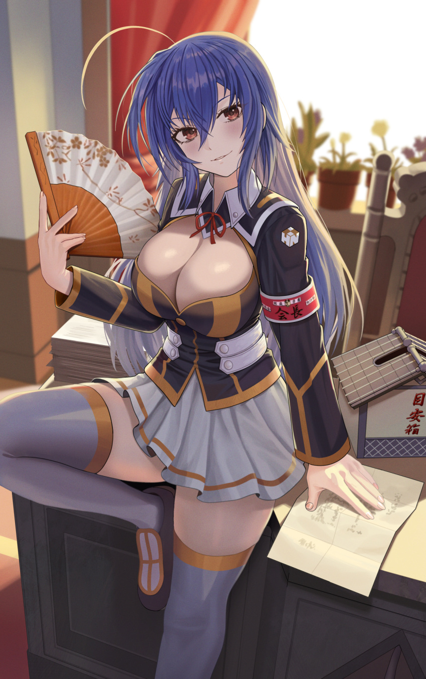 ahoge armband blue_hair breasts cleavage commentary_request corset desk female folding_fan grey_thighhighs hair_between_eyes hand_fan highres indoors kurokami_medaka large_breasts long_hair long_sleeves looking_at_viewer medaka_box paper parted_lips red_eyes school_uniform silvertsuki skirt smile solo thighhighs white_skirt