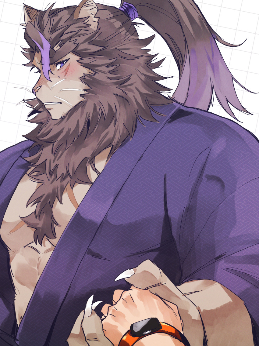 abs absurd_res anthro asian_clothing blush brown_body brown_fur clothing duo east_asian_clothing embarrassed eyebrows fur hagio_graphy hair hi_res human japanese_clothing kimono lifewonders live_a_hero male mammal mane muscular muscular_anthro muscular_male pecs ponytail scar thick_eyebrows toshu