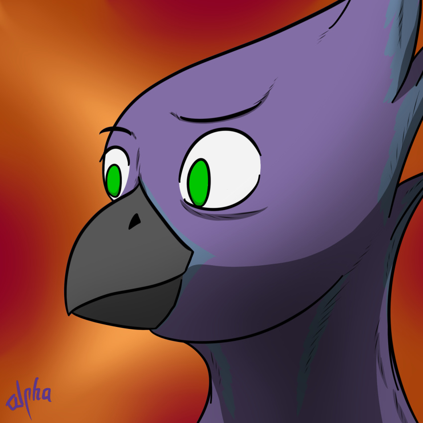 1:1 avian beak bird black_beak bluends feathers gradient_background green_body green_eyes green_feathers hi_res male markings purple_body purple_feathers reaction_image rein_(amaterasu1) signature simple_background solo