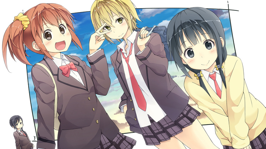 4girls aiura amaya_kanaka bag black_eyes black_hair blazer blonde_hair blush brown_eyes brown_hair commentary_request highres hiroki_eiki iwasawa_saki jacket long_hair low_twintails multiple_girls necktie open_mouth plaid plaid_skirt pleated_skirt school_bag school_uniform short_hair side_ponytail skirt smile sweater twintails uehara_ayuko v yanase_mei yellow_eyes