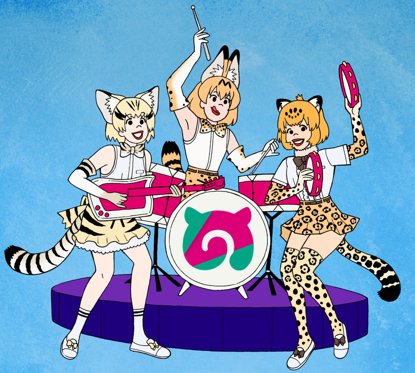 3girls animal_ears bare_shoulders blonde_hair bow bowtie brown_bow brown_bowtie cat_ears cat_tail commentary_request drum drum_set drumsticks elbow_gloves fur_collar gloves guitar instrument jaguar_(kemono_friends) jaguar_ears jaguar_tail japari_symbol josie_and_the_pussycats kemono_friends looking_at_viewer multicolored_hair multiple_girls music orange_bow orange_bowtie photoshop_(medium) playing_instrument print_bow print_bowtie sand_cat_(kemono_friends) serval_(kemono_friends) serval_print shirt short_hair short_sleeves skirt sleeveless smile streaked_hair tail tambourine two-tone_bowtie unno_hotaru white_bow white_bowtie white_shirt yellow_eyes